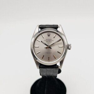 Mens Rolex Air King Black Strap Silver Watch